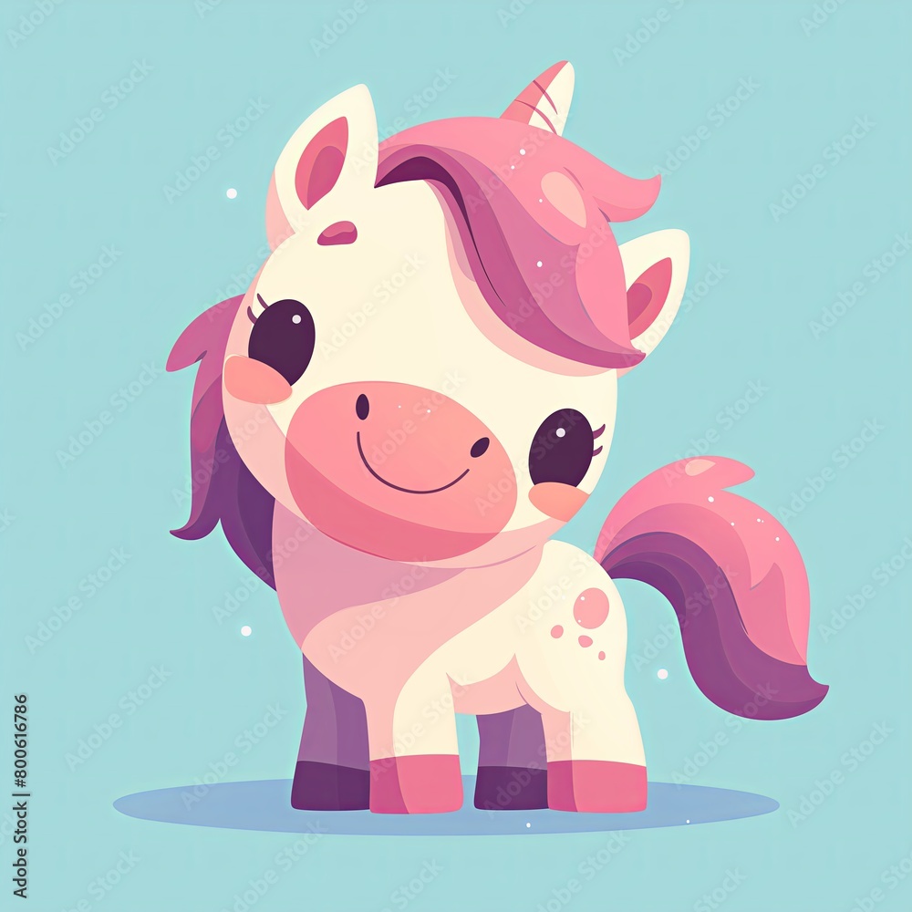 Fototapeta premium Cartoon Unicorn Horse, Adorable Illustration on a blue Background