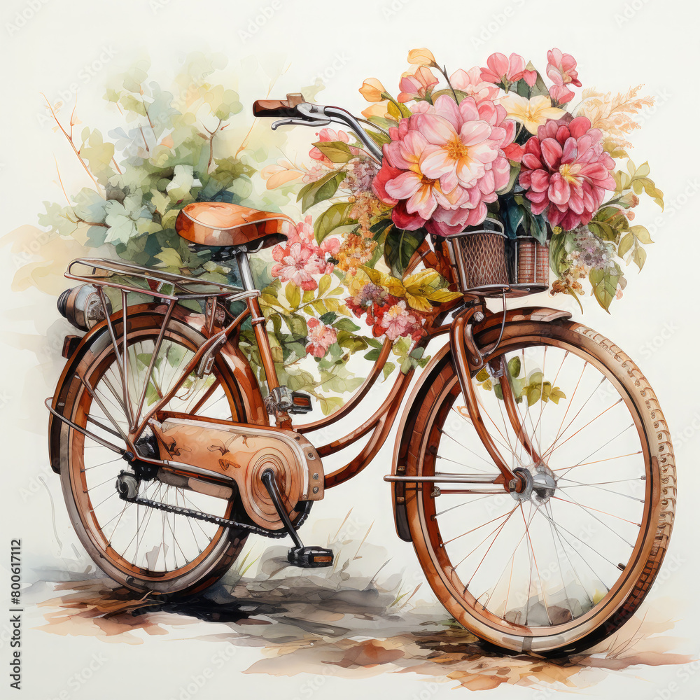Watercolor painting of a womans bicycle with a basket of flowers and colorful flowers, clipart Illustration, Generative Ai