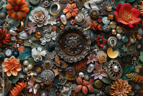 Flat lay photo hyperrealistic maximalism a kaleidoscope of random objects intensely detailed 