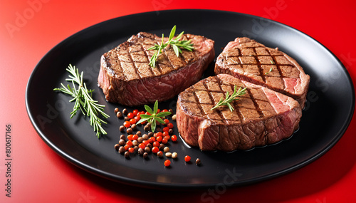 beef steak on a plate with a decor of pepper seeds