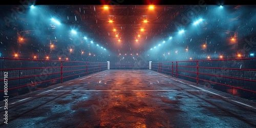 unoccupied boxing ring stage illuminated with brilliant lights, accompanied by rain falling steadily. photo