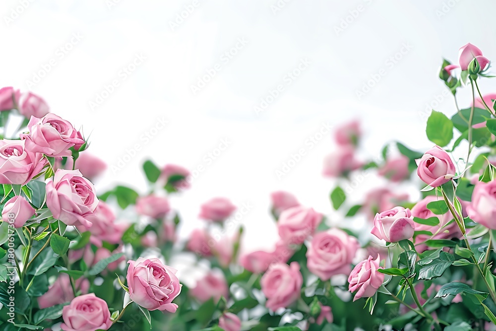 pink roses with green leaves on blurry light background, spring summer blooming garden concept, card with copy space, for wedding birthday valentine mother woman day pink roses with green leaves on blurry light background, spring summer blooming garden concept, card with copy space, for wedding birthday valentine mother woman day