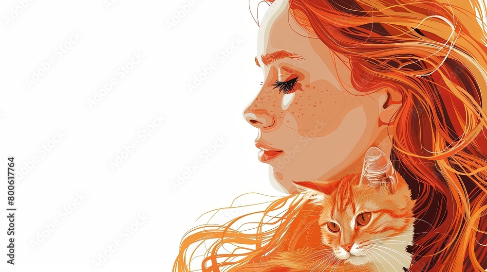 Illustration of preety young girl holding ginger red cat in arms