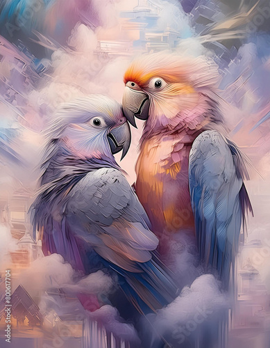 Kolorowe, abstrakcyjne Papugi, akwarela. Generative AI © mycatherina