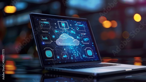 Futuristic Cloud Computing and Network Interface on Laptop Screen. A modern laptop displaying a dynamic cloud computing interface with intricate network connections and cogwheels. Vector 