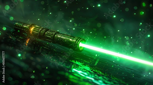 Illuminated green lightsaber on background  photo