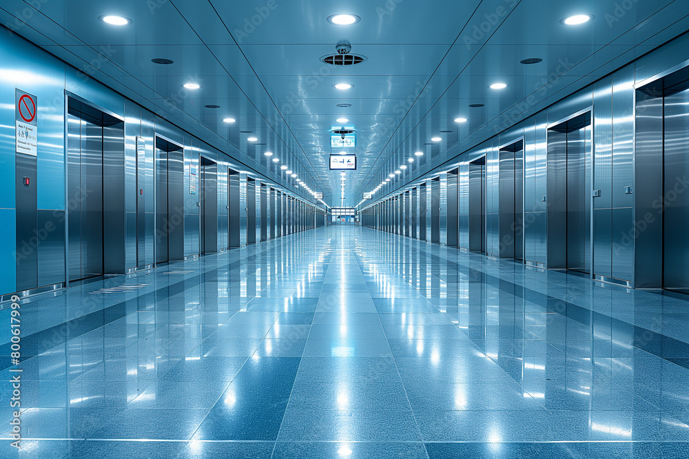 Futuristic Elevator Hallway with Reflective Blue Floors