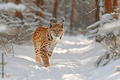 a lynx is running through the snow and looking at the camera