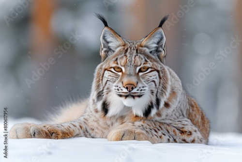 a lynx is running through the snow and looking at the camera