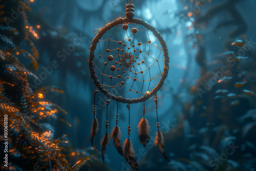 A dreamcatcher swaying in the breeze, filtering out nightmares to leave only the sweetest dreams behind. Concept of protection and comfort. Generative Ai. photo