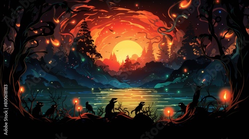 a image illustration shows a fire with the silhouettes of several salamanders dancing within it