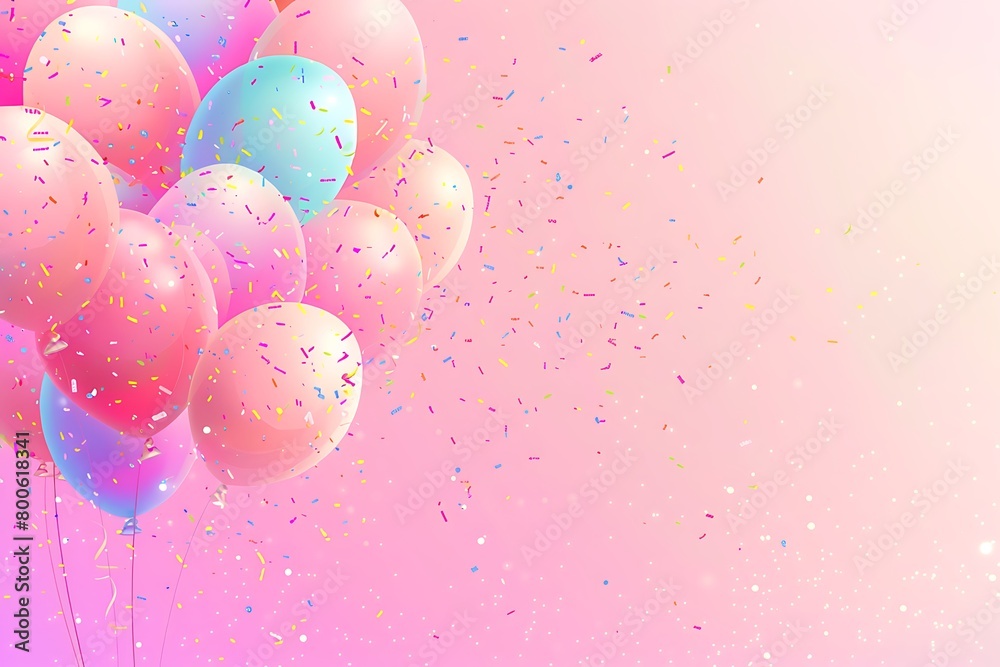 pastel color balloons on pink background with confetti, birthday card with copy space pastel color balloons on pink background with confetti, birthday card with copy space