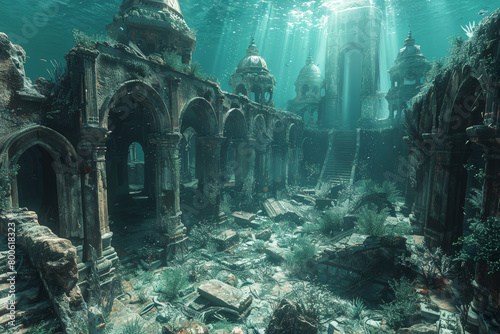 Sunken ruins under the sea, a mystical backdrop for fantasy stories and game backgrounds. World Ocean Day.