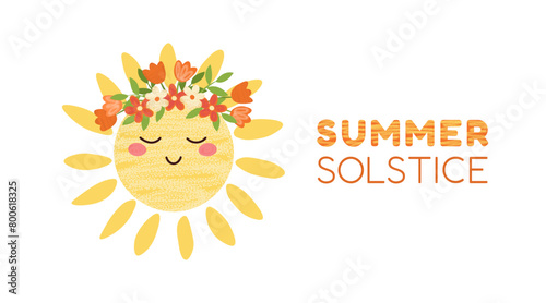 Summer solstice horizontal card with cute sun character with flower wreath on his head on white background. Festive template for banner, background, poster, post