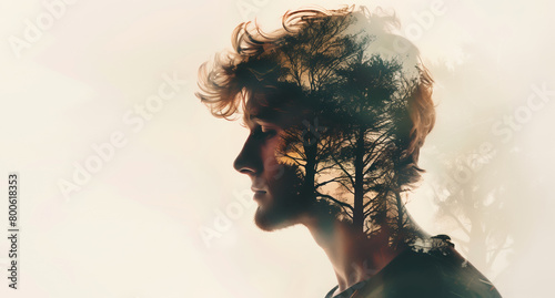 Double exposure portrait of calm thoughtful man with forest, nature concept