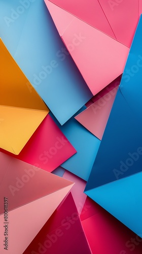A colorful collage of triangles and squares. The colors are bright and vibrant, creating a lively and energetic mood. The composition of the image is dynamic and visually interesting