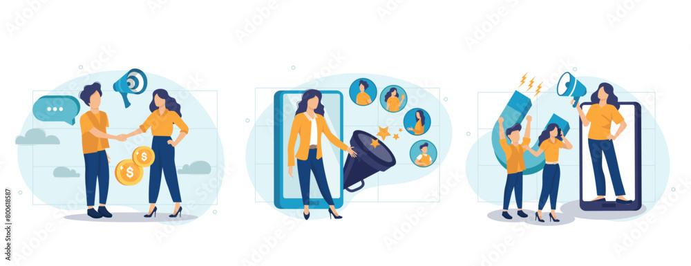Fototapeta premium Referral program. World of mouth marketing, relationship marketing concept. Customer oriented marketing strategy abstract concept vector illustration set.