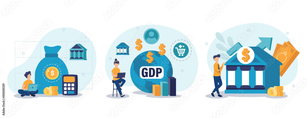 Public finance illustration set. Characters integrating with government institutions. Central bank, federal budget and GDP statistics concept. Vector illustration Public finance illustration set. Characters integrating with government institutions. Central bank, federal budget and GDP statistics concept. Vector illustration