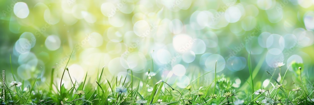 Obraz premium A field of grass with a bright green color and a blurry background. The grass is lush and full, giving the impression of a beautiful, serene landscape