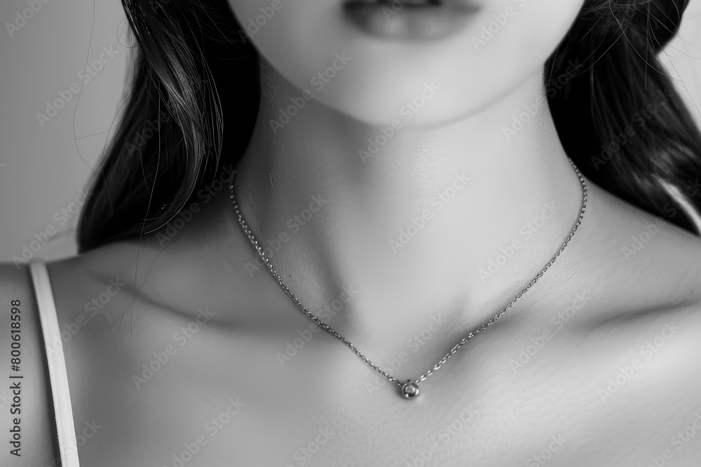 A woman wearing a necklace with a diamond pendant