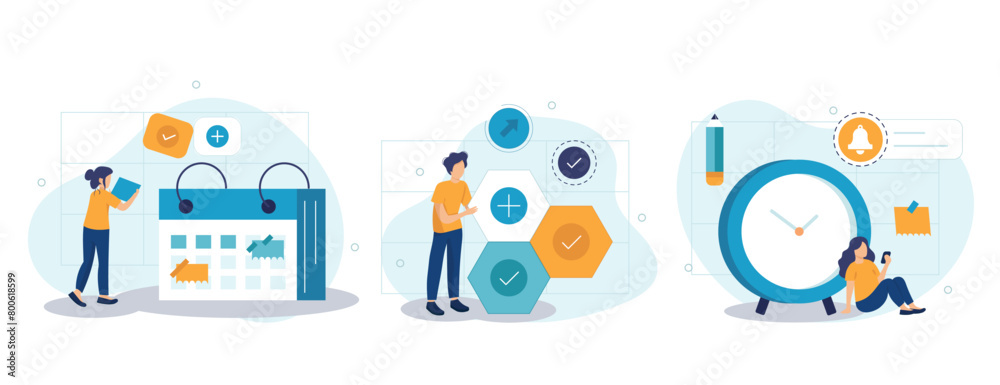 Soft skills concept. Business people or employee with self management and scheduling skill. Time management, self-regulation learning, self-discipline and motivation. Flat vector illustration Soft skills concept. Business people or employee with self management and scheduling skill. Time management, self-regulation learning, self-discipline and motivation. Flat vector illustration