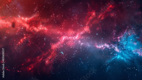 A colorful galaxy with red  blue and purple hues. The stars are scattered throughout the image  creating a sense of depth and vastness. Scene is one of wonder and awe