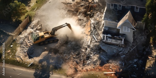 An aerial perspective capturing a bulldozer in action, demolishing a house in the midst of destruction.