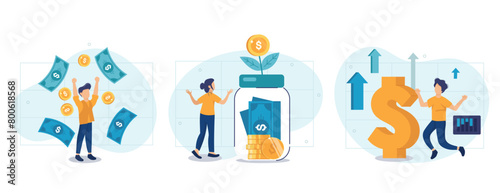 Passive income illustration set. Characters enjoying financial freedom and independence. Successfully and free of debts people planning budget. Vector illustration.
