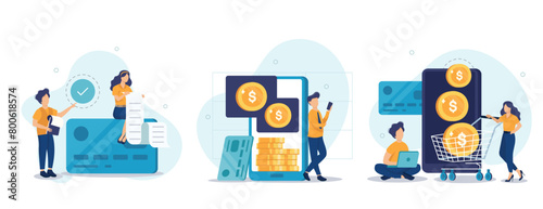 Financial illustration set. Characters paying online and receiving bonus money or reward back on credit card. Cashback, financial savings and money exchange concept. Vector illustration.
