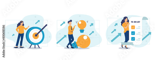 Soft skills concept. Business people or employee with self management and scheduling skill. Time management, self-regulation learning, self-discipline and motivation. Flat vector illustration photo