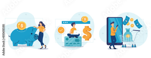 Financial illustration set. Characters paying online and receiving bonus money or reward back on credit card. Cashback, financial savings and money exchange concept. Vector illustration.