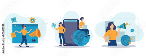 Social media marketing concept isolated person situations. Collection of scenes with people with megaphones attract new customers, advertising, promotion. Mega set. Vector illustration in flat design
