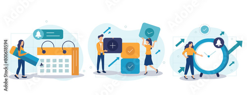 Business illustration set. Self management and multitasking concept. Characters planning and organizing schedule, work task and time management strategy to increase productivity. Vector illustration.