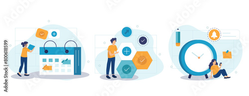 Soft skills concept. Business people or employee with self management and scheduling skill. Time management, self-regulation learning, self-discipline and motivation. Flat vector illustration