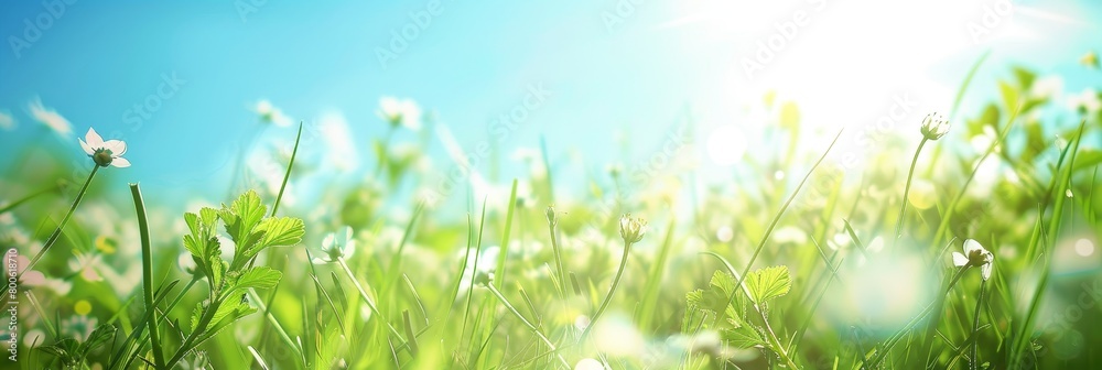 A blurry image of a grassy field with a blue sky in the background. The grass is lush and green, and there are some flowers scattered throughout the field
