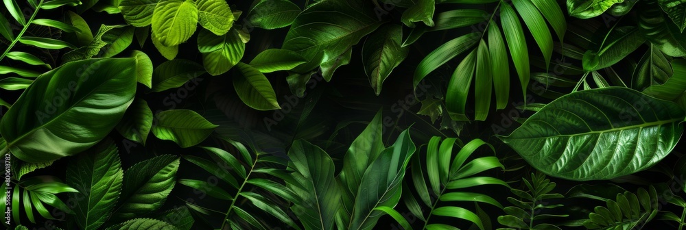 A lush green background with leaves of various sizes. The leaves are all green and appear to be in a jungle setting A lush green background with leaves of various sizes. The leaves are all green and appear to be in a jungle setting