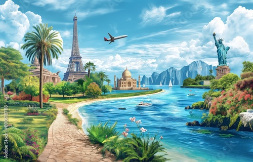 Dreamy Destination Illustration. Fantastical World Travel Landmarks in Surreal Setting.