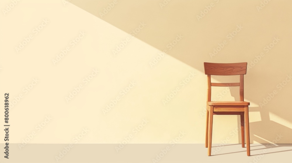 Minimalist wooden chair against pastel yellow wall with stylish shadows Minimalist wooden chair against pastel yellow wall with stylish shadows