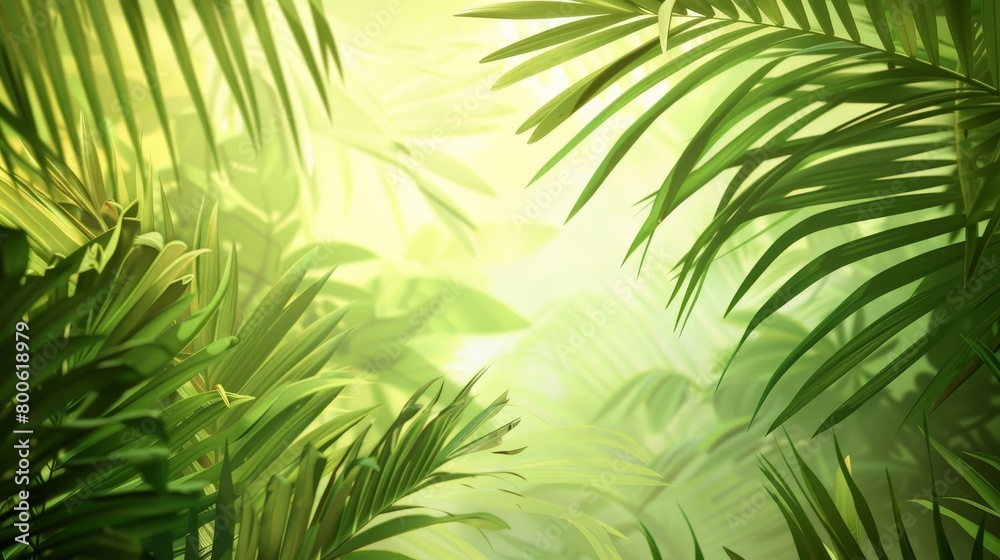 A lush green jungle with a bright sun shining through the leaves. Concept of peace and tranquility, as well as the beauty of nature