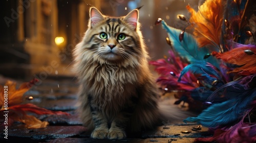 a illustration Eternal Cat Fairy standing straight in a colorful space. The tip of the tail drooped slightly, gracefully drifting like aquatic weeds in the air, AI Generative photo
