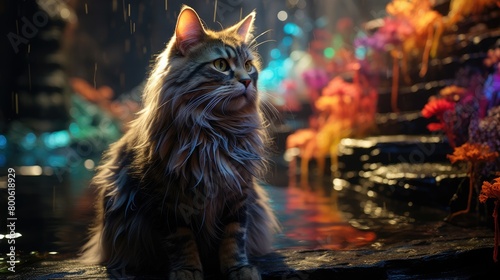a image Eternal Cat Fairy standing straight in a colorful space. The tip of the tail drooped slightly, gracefully drifting like aquatic weeds in the air, AI Generative