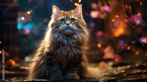 a picture Eternal Cat Fairy standing straight in a colorful space. The tip of the tail drooped slightly, gracefully drifting like aquatic weeds in the air, AI Generative