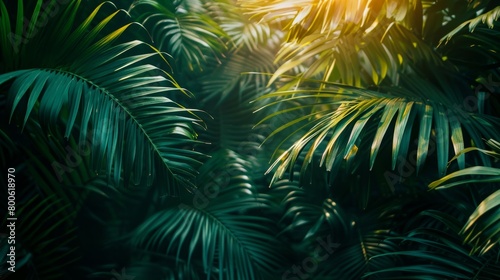 A lush green background with leaves of various sizes. The leaves are all green and appear to be in a jungle setting