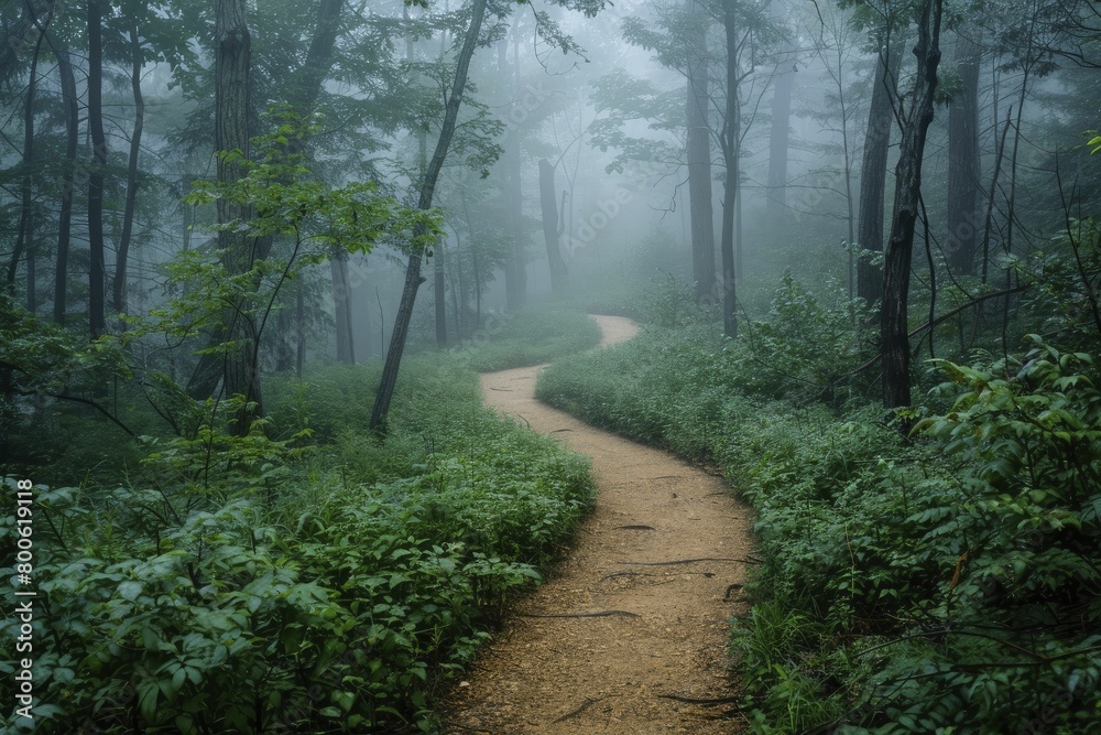Obraz premium Navigating through misty woods, the winding footpath hints at hopeful journeys towards personal aspirations, veiled in ethereal morning haze.