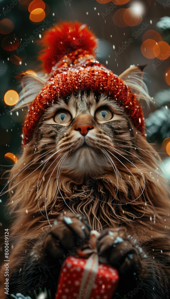 Felidae presents a Christmas ornament in front of a holiday tree Felidae presents a Christmas ornament in front of a holiday tree
