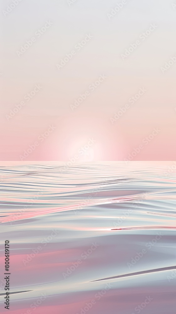 A beautiful ocean scene with a pink and white sunset in the background. The water is calm and the sky is filled with a warm glow