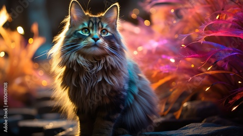 a photo Eternal Cat Fairy standing straight in a colorful space. The tip of the tail drooped slightly, gracefully drifting like aquatic weeds in the air, AI Generative © positfid