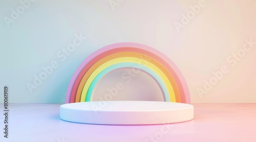 Simple 3D round podium on a rainbow gradient background. Colorful product design marketing mockup presentation slide illustration. 