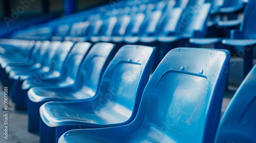 Empty blue stadium seats at a sports arena