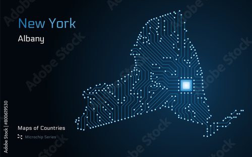New York State Map with a capital of Albany Shown in a Microchip Pattern with processor. E-government. World Countries vector maps.	